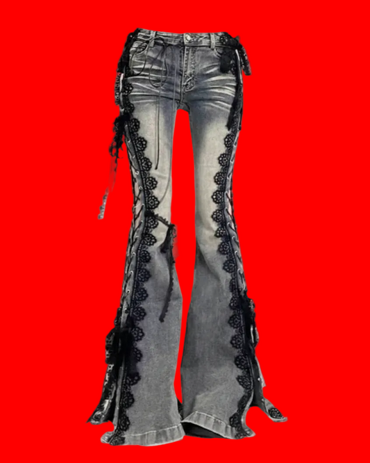 Pantalón denim flare con encaje y cordones laterales